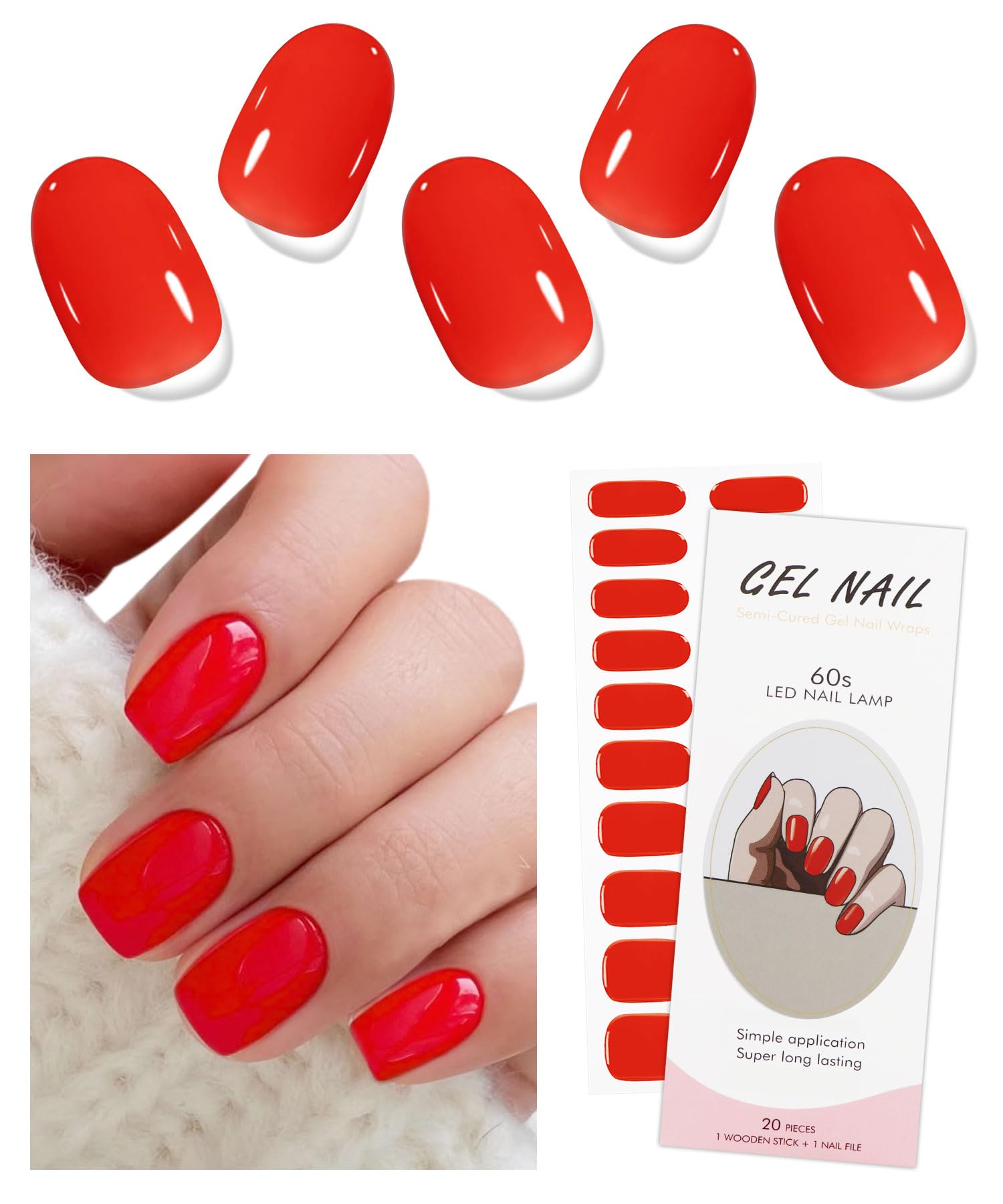 JMEOWIO Gel Nail Stickers Red Semi Cured Strips Wraps UV/LED Supplies Art Design Decoration Accessories