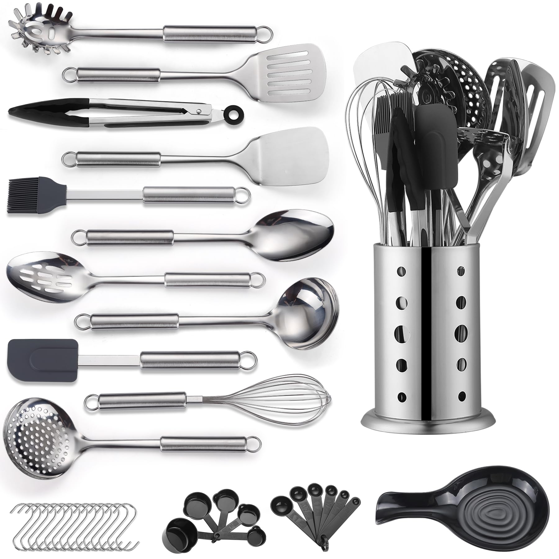 Reanea Kitchen Utensils Set, 39 Pieces Stainless Steel Cooking Utensils Set, Spoon Spatula Set with Sturdy Stainless Steel Utensil Holder, Dishwasher Safe