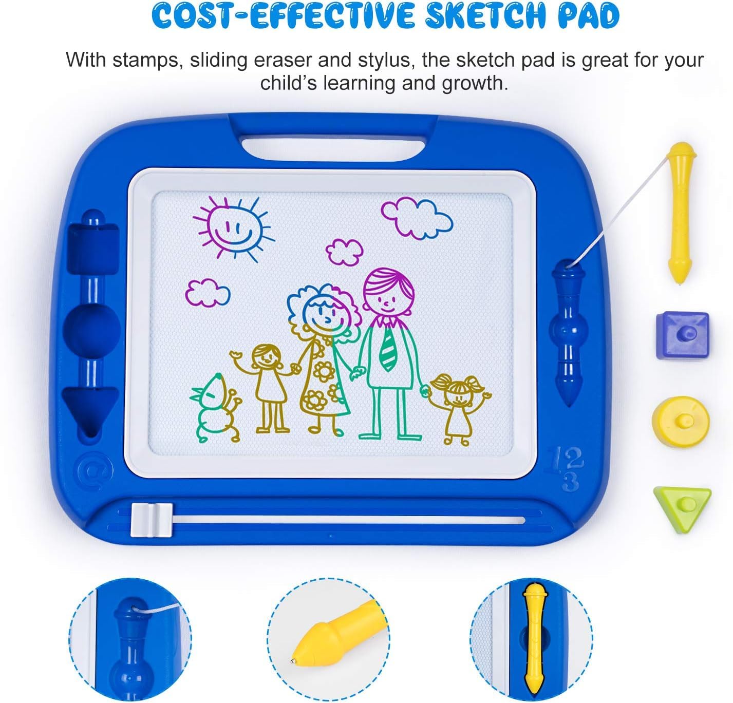 SGILE Large Magnetic Drawing Board - 4 Colors 16×13in Writing Painting Doodle Pad with 4 Stamps for Toddlers, Learning Educational Toy Etch Sketch Gift for 36+ Month Kids Girls Boys, Blue