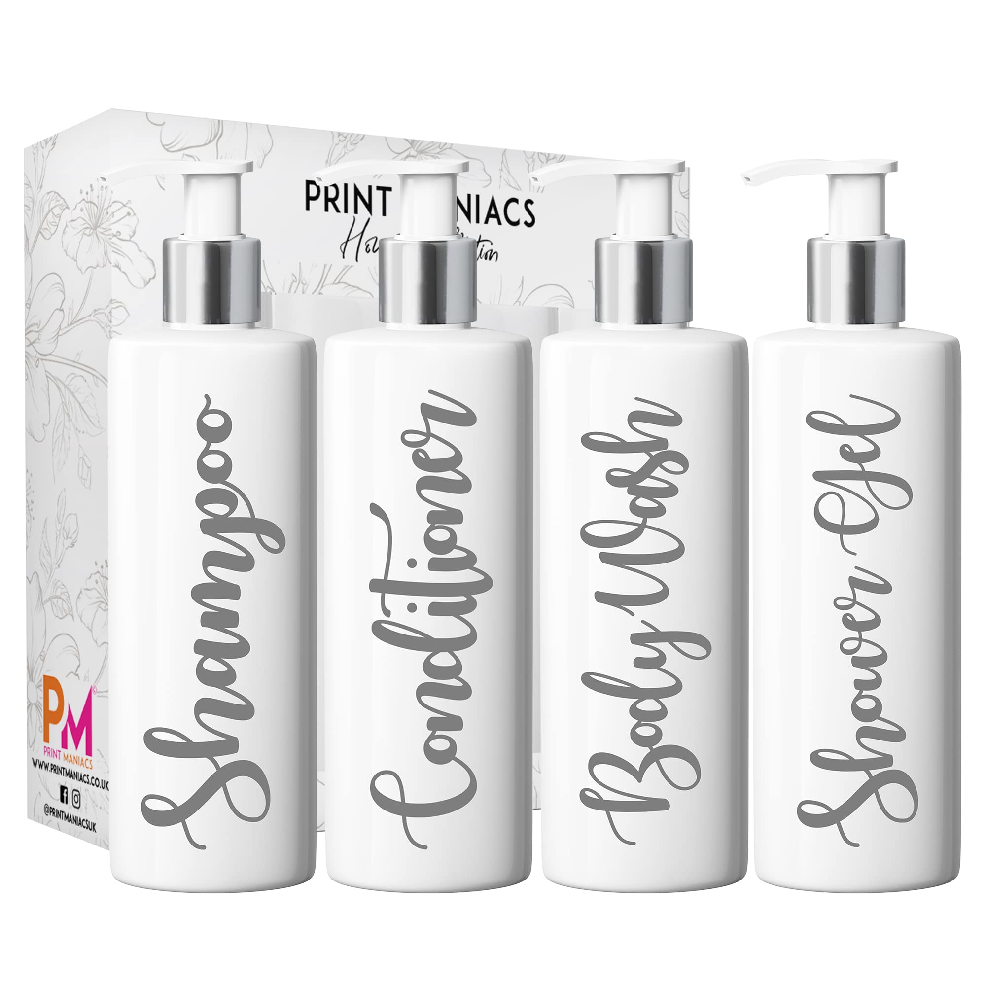 Print Maniacs White Mrs Hinch Inspired Personalised 500ml Pump Bottles Bathroom Lotion Kitchen Set Shampoo Conditioner (Shower Gel Set) (Grey)