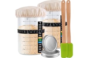 TYNIAIDE Sourdough Starter Jar 2 Pack - 40oz Sourdough Starter Kit with Thermometer, Feeding Band, Cloth Cover, Silicone Scraper and Metal Lid - Reusable Sourdough Bread Baking Supplies