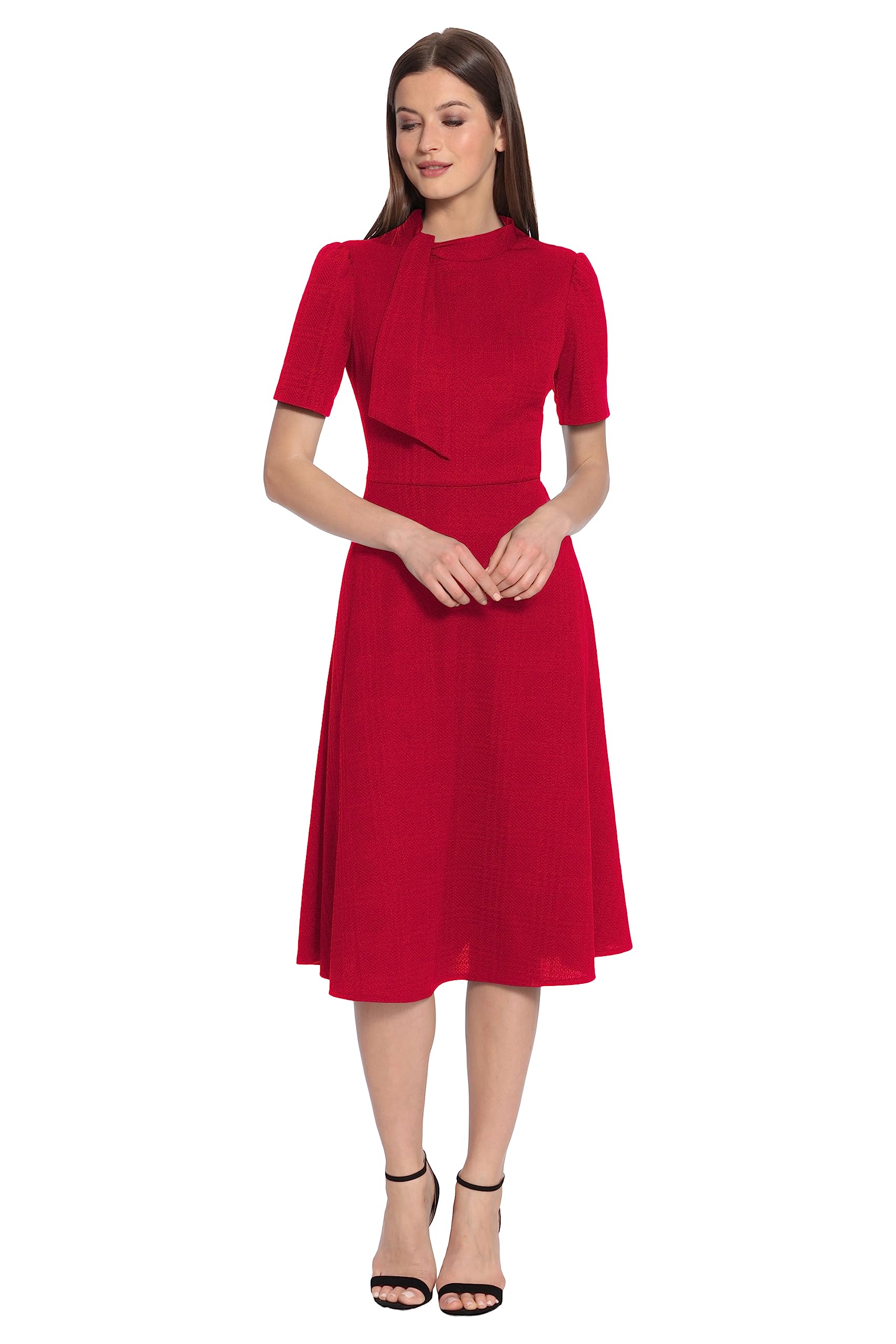 Maggy London Women’s Dresses Crepe Fabric Flight Attendant Bow Neck Tie Short Sleeve A-Line