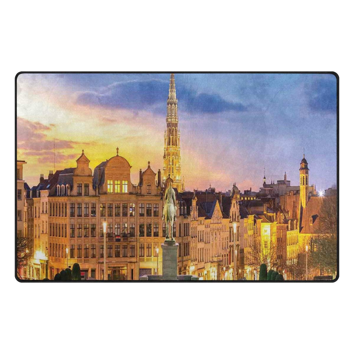 JOSENI Non-Slip Area Rugs Brussels Citscape with Monument Belgium Avenue Medieval in Gothic Style Floor Mat Living Room Bedroom Dinning Kitchen Carpets Doormats 3'x4'