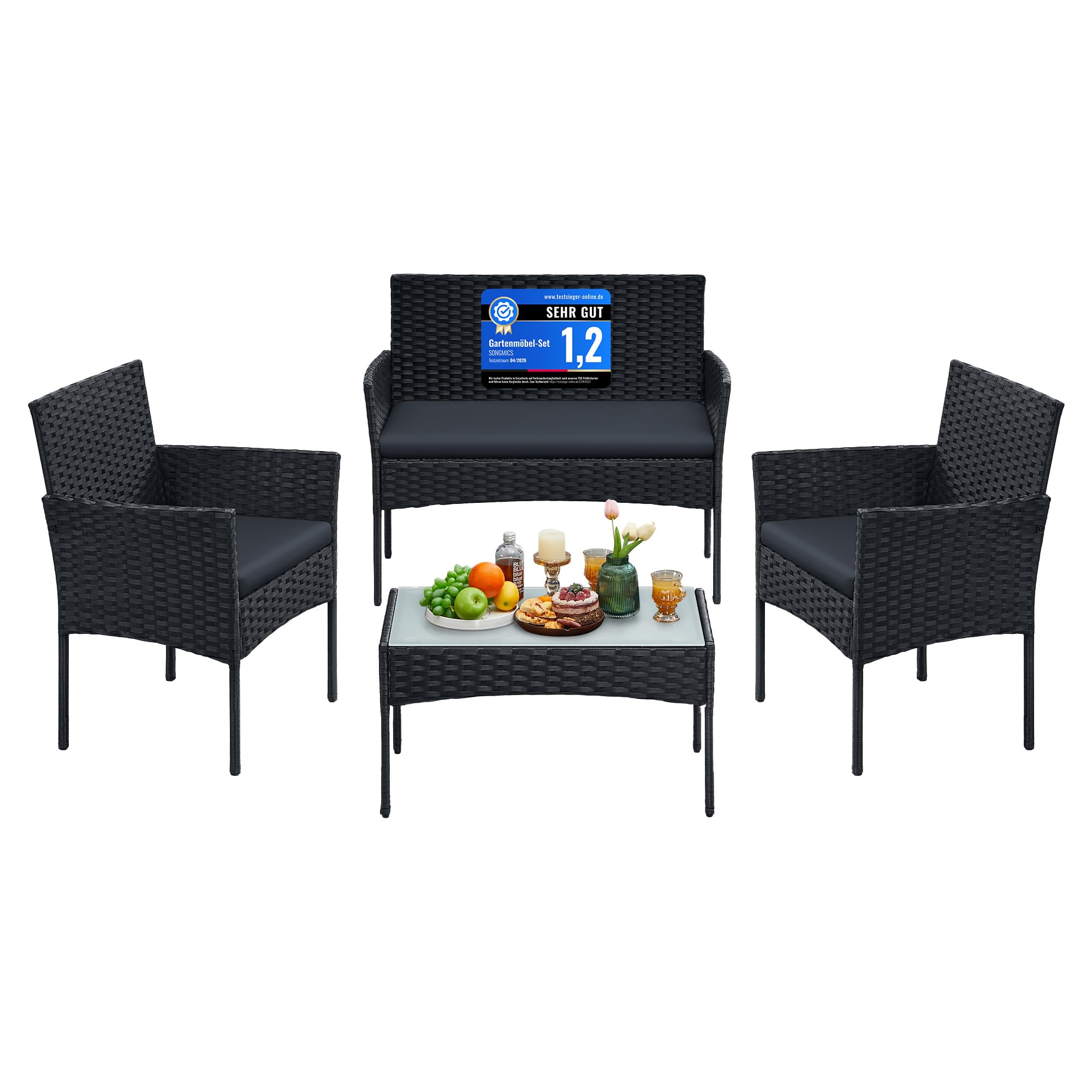 SONGMICS Gartenmöbel-Set, 4-teilig, Balkonmöbel aus PE-Polyrattan, Tisch, 2 Stühle, 2-Sitzer-Bank, Lounge-Möbel Outdoor, Terrassenmöbel, für Terrasse, Balkon, schwarz-grau GGF004B06