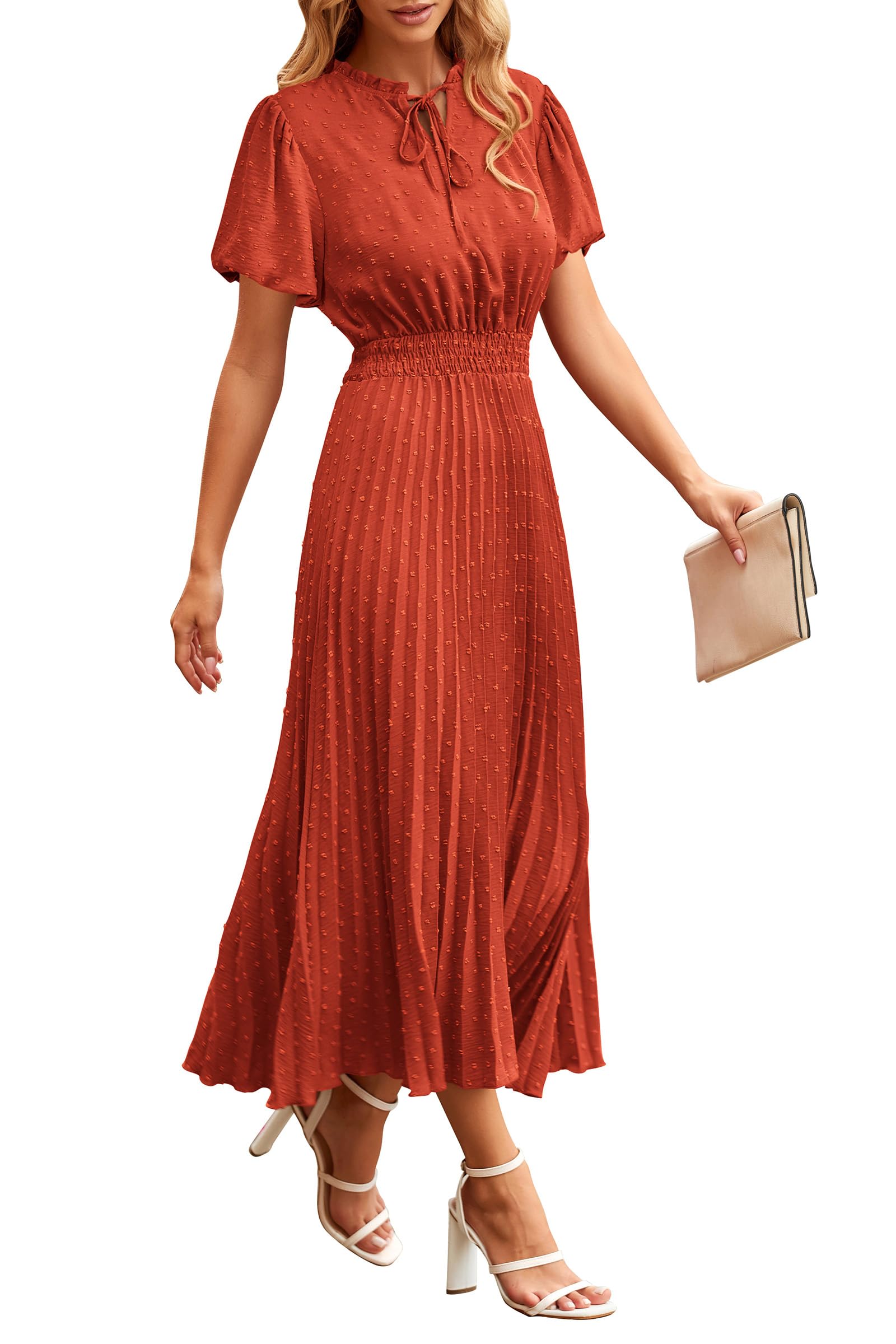 PRETTYGARDEN Summer Long Dresses for Women Puff Short Sleeve V Neck Swiss Dot Pleated A Line Casual Flowy Party Midi Dress (Brick Red,Small)