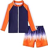 Boys Two Piece Swim Set Zipper Rash Guard Swimsuits Long Sleeve Bathing Suit for 4-12 Years