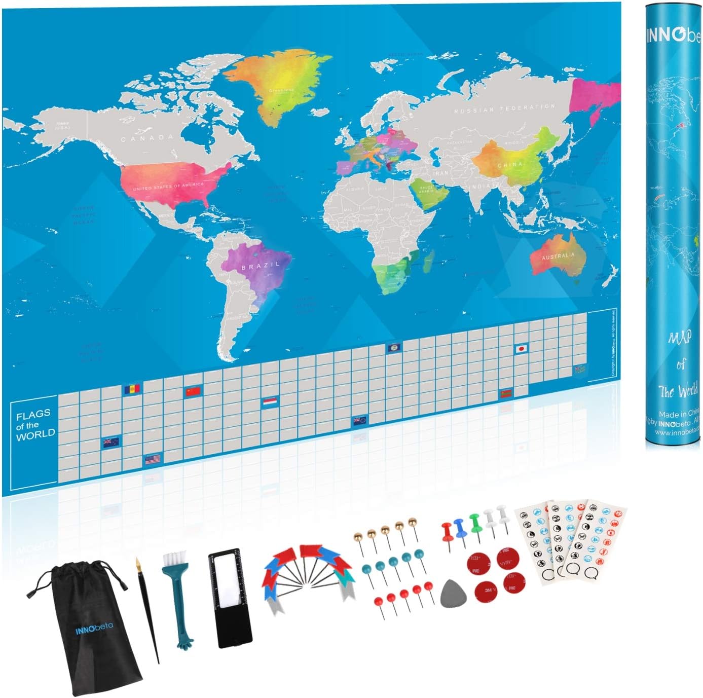 InnoBeta Map of The World Scratch Off, Small Silver and Watercolor Travel Map, with Storage Pouch and Bonus Tools, Ideal Travel Gift for Travelers -16" x 24"