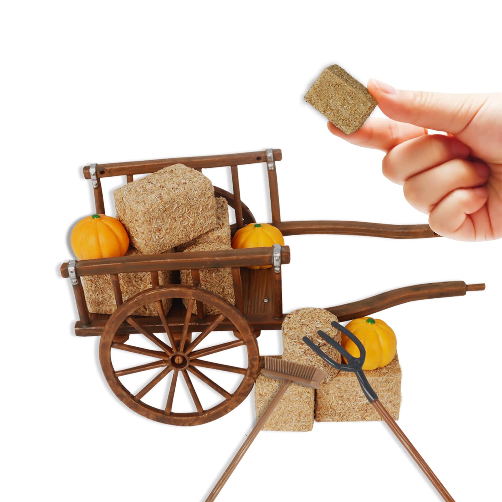 Photo 1 of Hiawbon 14Pcs Mini Hay Bales Set, Miniature Farming Cart Straw Hay Figure Miniatures Pumpkins, Simulation Cart Farm Playset for Western Party Decoration Autumn Harvest Wedding Party