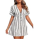 Verdusa Women's Boho Geometric Striped Beach Cover Up Dress Tie Front Deep V Neck Mini Dress Vacation Outfit