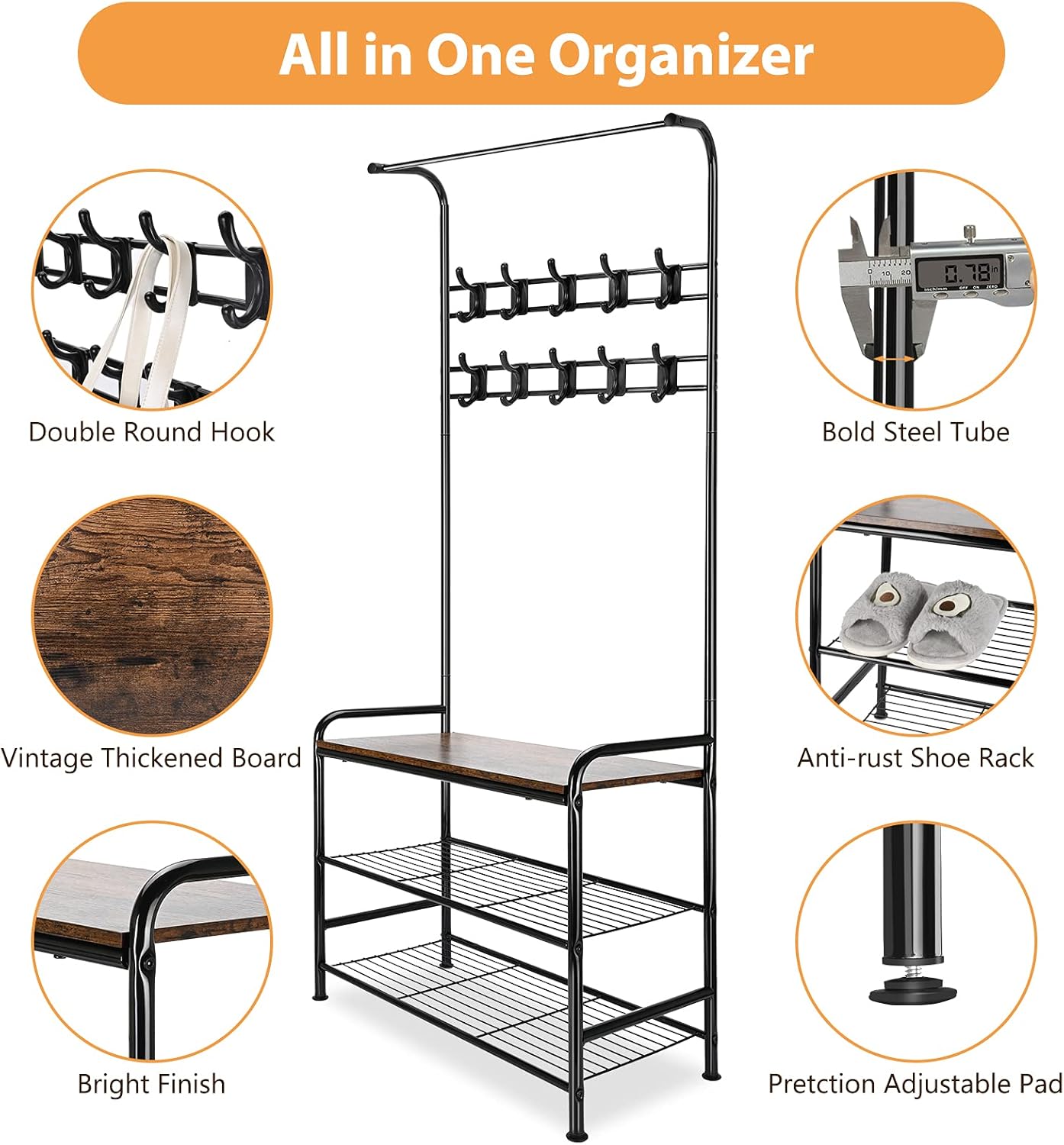 Coat Rack Shoe Rack for Entryway, Hall Tree Shoe Rack Bench Organizer Storage ,3 Tier Coat Rack Freestanding Industrial Storage Shelf Bench with 10 Double Hooks & Steel Frame for Hallway,Bedroom,Foyer: Home Improvement