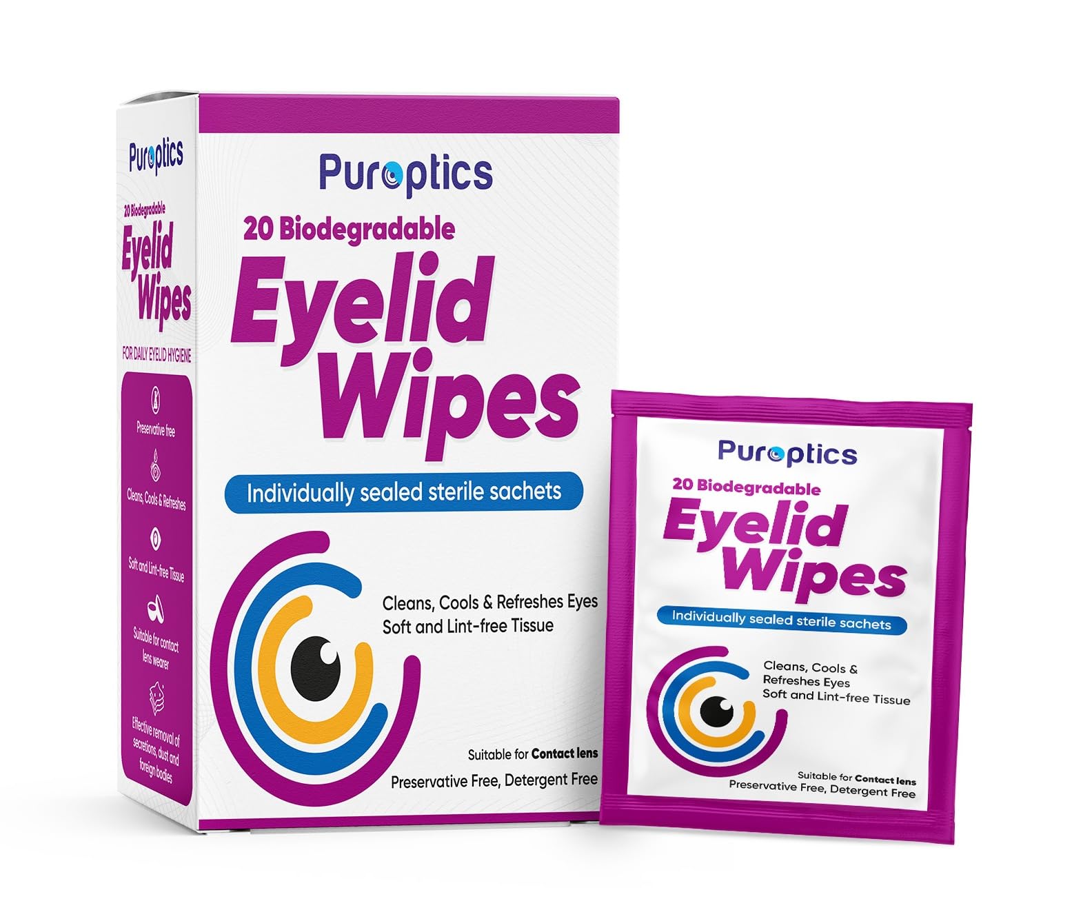 Puroptics Eyelid Wipes | Suitable for use with Sensitive Eyes, Dry Eyes, Blepharitis & MGD | Detergent and Preservative Free | 20 Individually Wrapped Eyelid Cleansing Wipes (1)