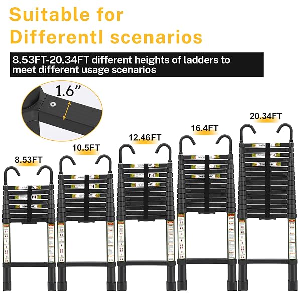 RIKADE TELESCOPIC LADDER, 8.5FT ALUMINUM TELESCOPING LADDER WITH NON-SLIP FEET AND STABLE HOOK, PORTABLE EXTENSION LADDER FOR HOUSEHOLD AND OUTDOOR WORKING, MAX LOAD 330LBS, BLACK