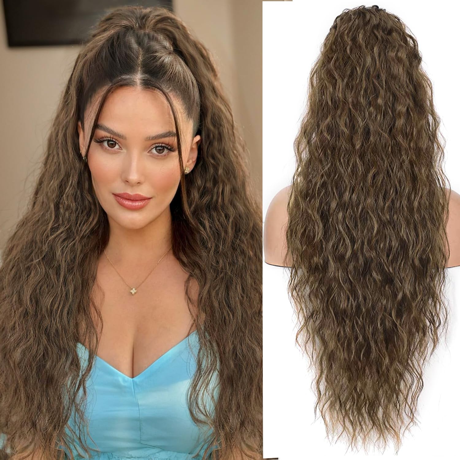 PORSMEER Ponytail Extension Brown Long Curly Drawstring Clip in Pony Hair Extension Synthetic Water curl Pony Tail Hairpiece for Women — image 1