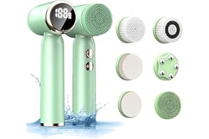 DOTPET Facial Cleansing Brush, 6 in 1 Electric Face Scrubber with 6 Brush Heads and 3 Spin Speeds for Deep Cleansing, Waterproof Rechargeable Face Brushes for Dry Oily Sensitive Skin (Green)