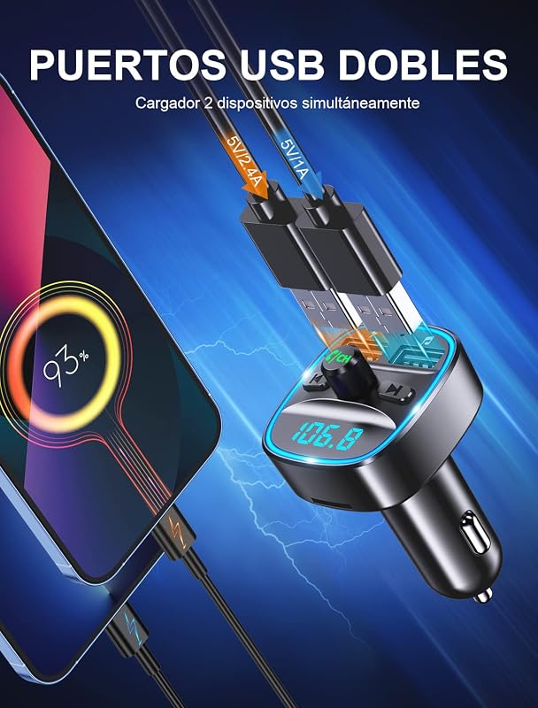 Transmisor FM Bluetooth Coche con Puertos USB Duales (5V/2.4A & 1A) — foto 2 de 7