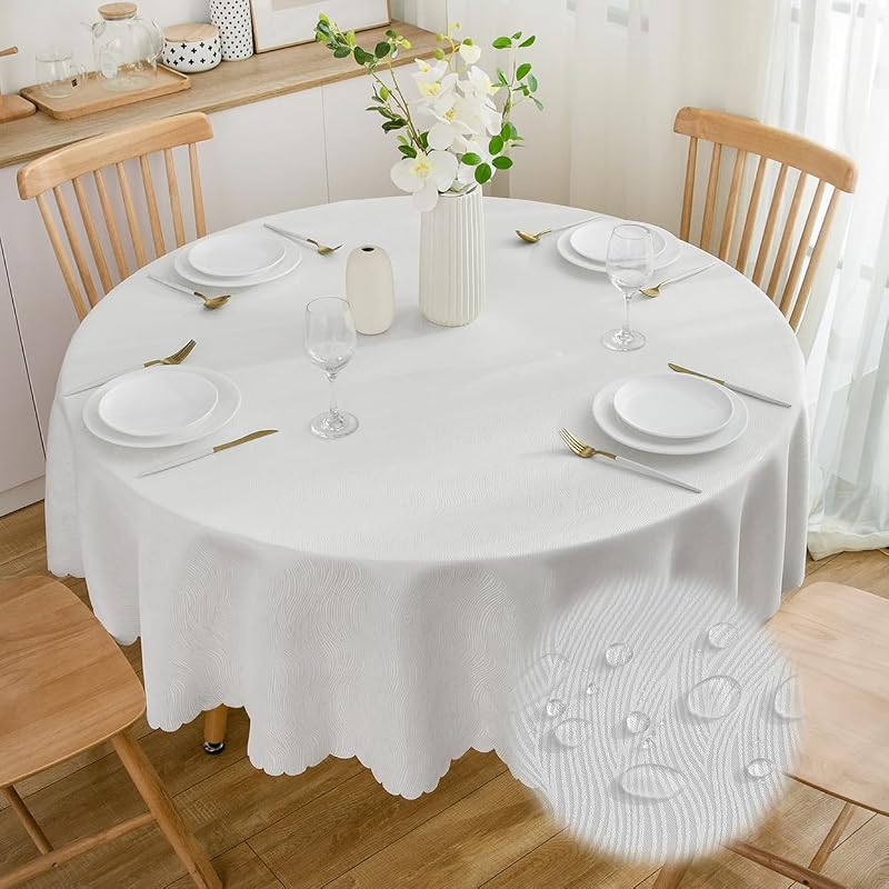 SPRICA Round Jacquard Tablecloth 160cm White Heavyweight Water Resistant