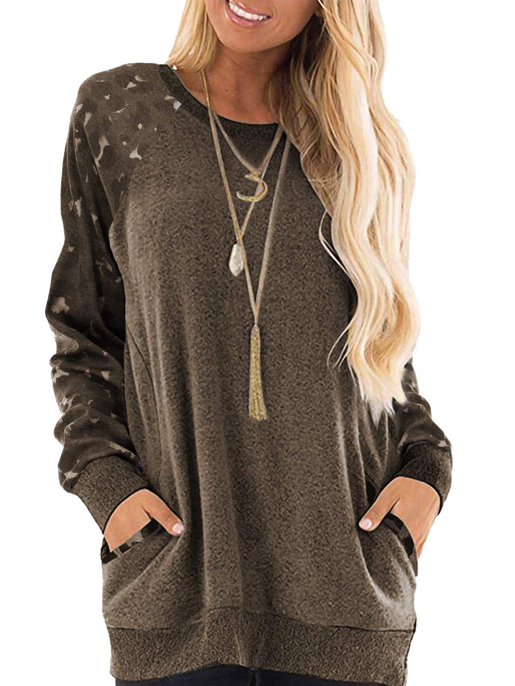 Casual Women’s Long Sleeve Crewneck T Shirt Sweatshirt Tops with Pockets S-XXL