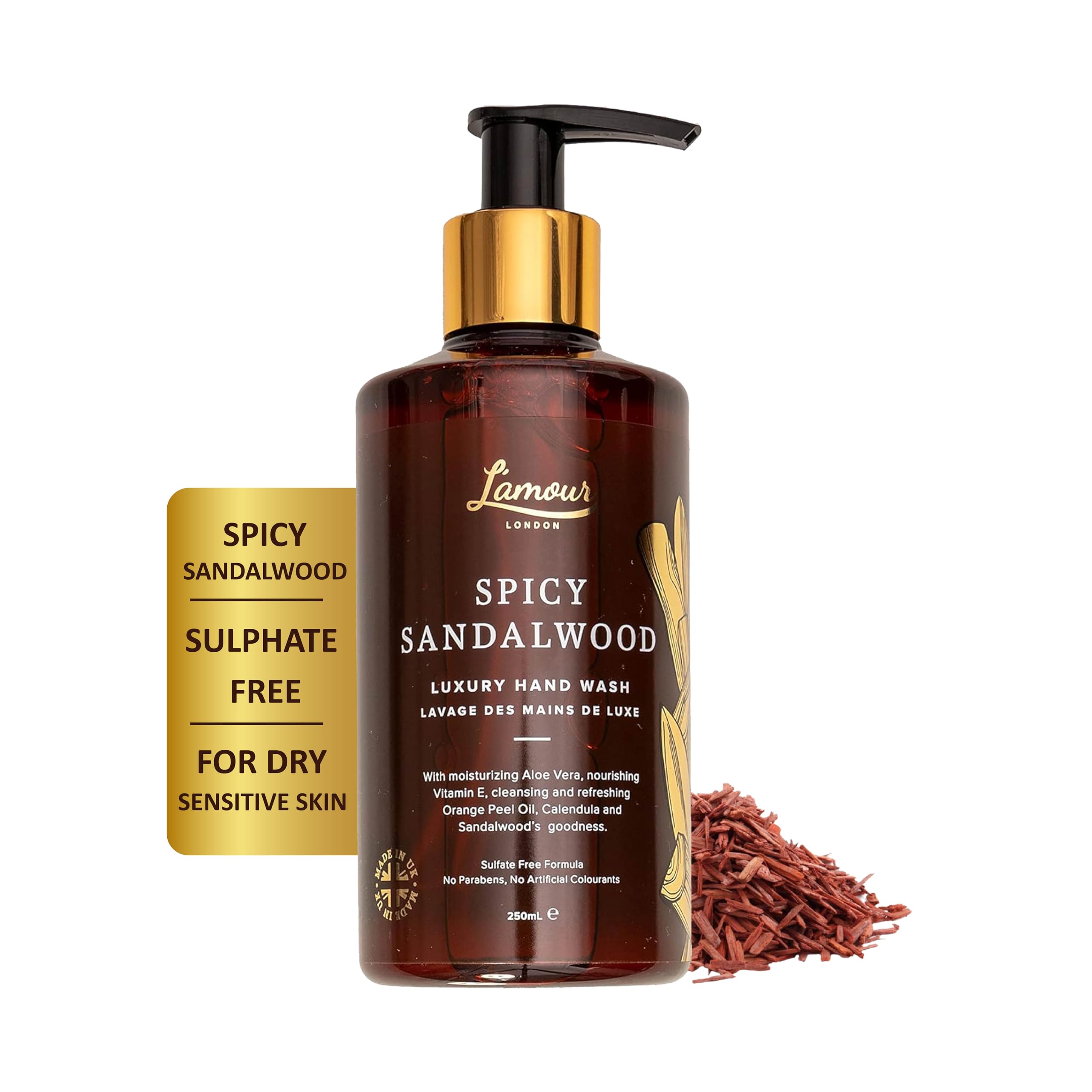 L'amour Natural | Spicy Sandalwood | Luxury Hand Wash | Essential Oils | Sulphate Free | Gentle for dry and sensitive skin | 250mL