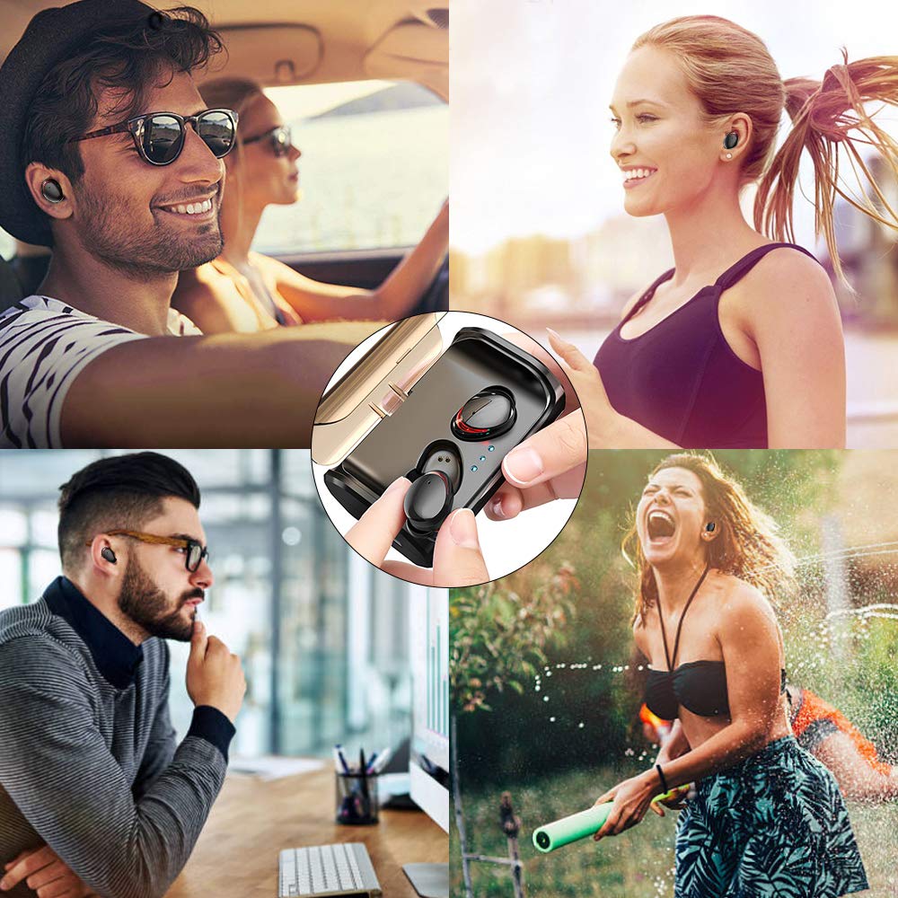 Zagzog Auriculares Bluetooth Inalámbricos, Bluetooth V5.0 Caja de Carga de 3000mAh Teclas Táctiles Impermeable IPX7 Estéreo con Micrófono CVC8.0 Mini Manos Libres Deportivos para iOS/Android Negro