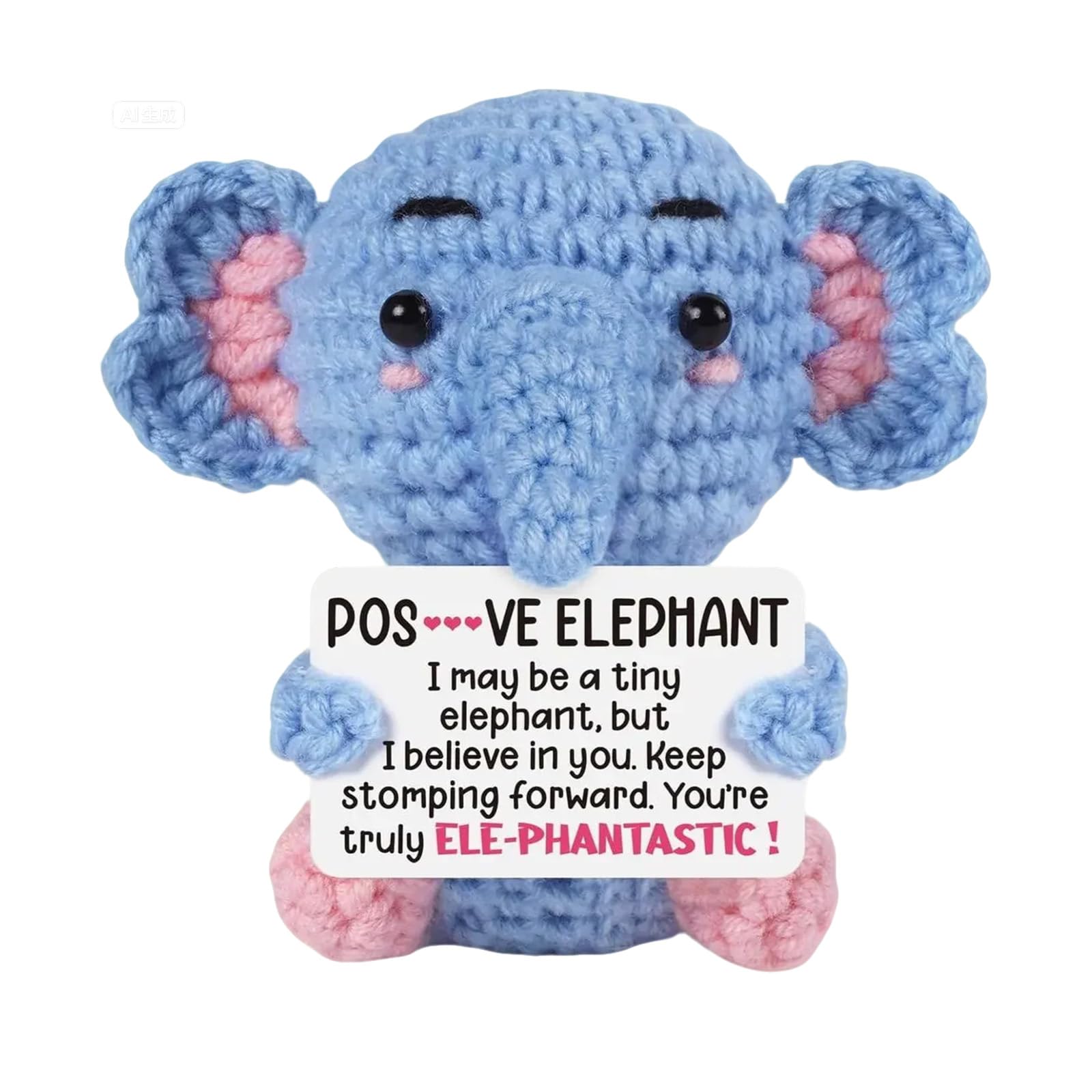 Qubitly Funny Positive Crochet Elephant, Cute Emotional Support Crochet Animal with Positivity Card, Unique Emotional Support Gift, Perfect Good Luck Charm Present for Women Men Friends Coworkers
