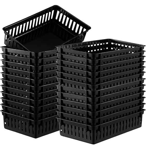 WENQIK 24 PCS PLASTIC STORAGE BASKETS FOR CLASSROOM ORGANIZING SMALL PANTRY STORAGE BINS RECTANGULAR TRAY FOR BACK TO SCHOOL HOUSEHOLD TOYS CLASSROOM BEDROOMS, KITCHENS COUNTERTOPS(BLACK)