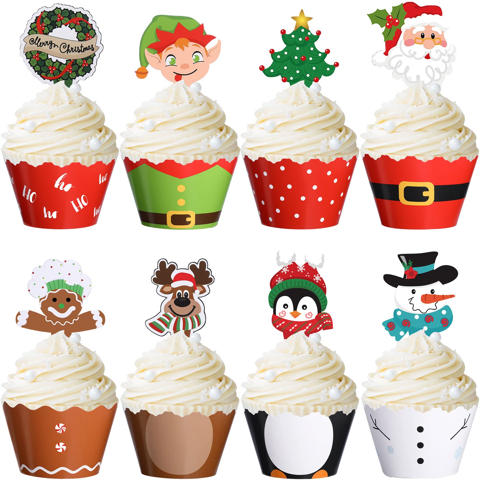 Blulu 96 Pieces Christmas Party Decorations Cupcake Topper Wrappers Santa Claus Snowman Reindeer Elf Penguin Christmas Tree Wreath Gingerbread Hand Cake Party Decorations Supplies