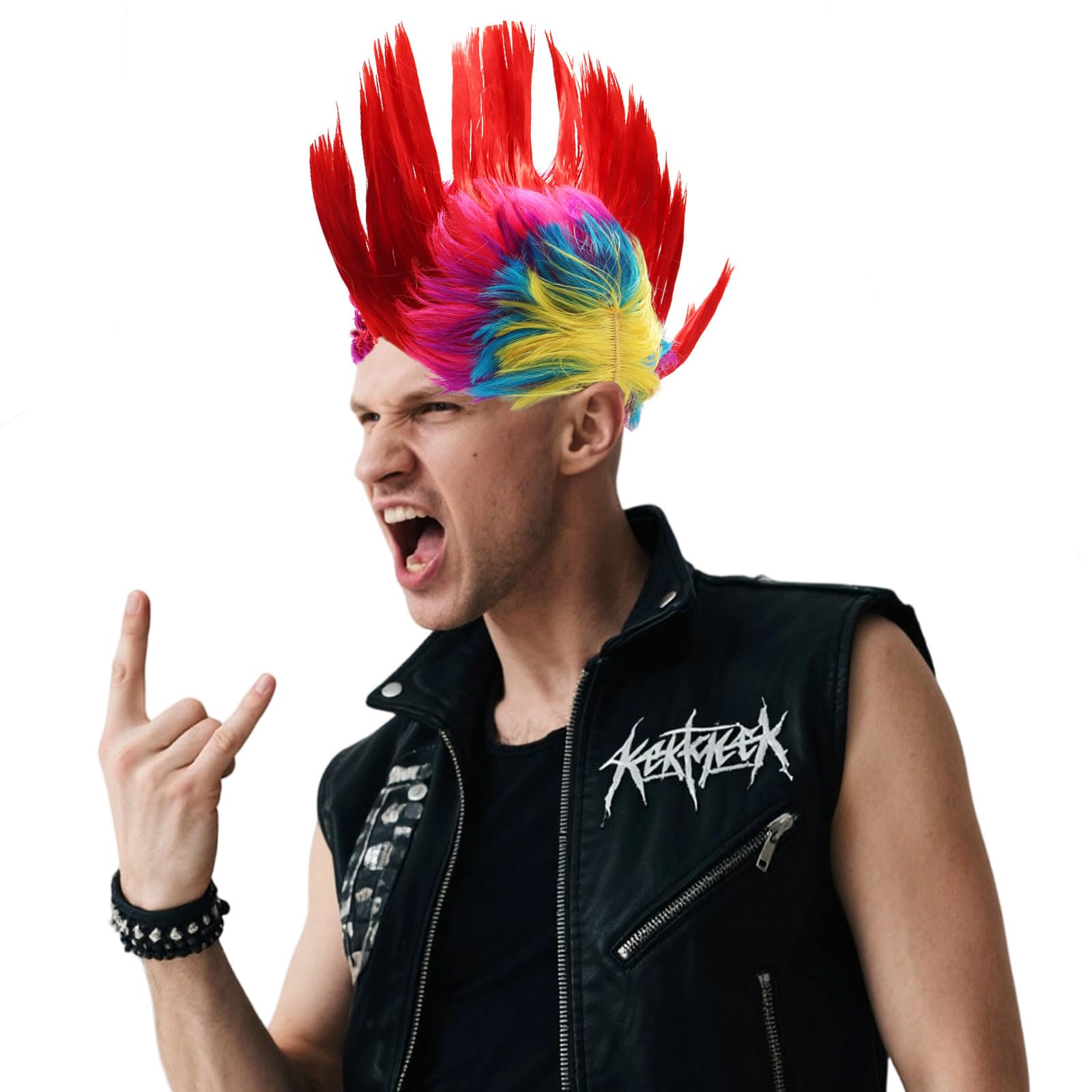YSAOAKA 80s Street Punk Wig, Punk Mohican Wig, Multi Coloured Mohican Wigs, 1980's Fancy Dress, Rocker Fancy Dress Accessories Halloween Fancy Costume (Red)