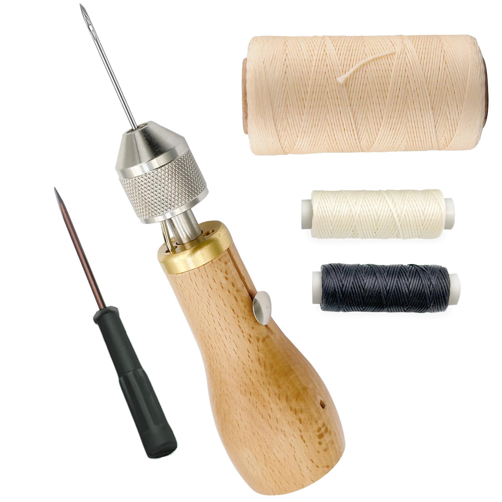Professional Speedy Sewing Awl Hand Stitcher Repair Tool Kit for Leather and Heavy Fabrics with 2Pcs Needles,1Pcs Coil and 260 Meter 150D 0.8MM Flat Sewing Waxed String(Beige)