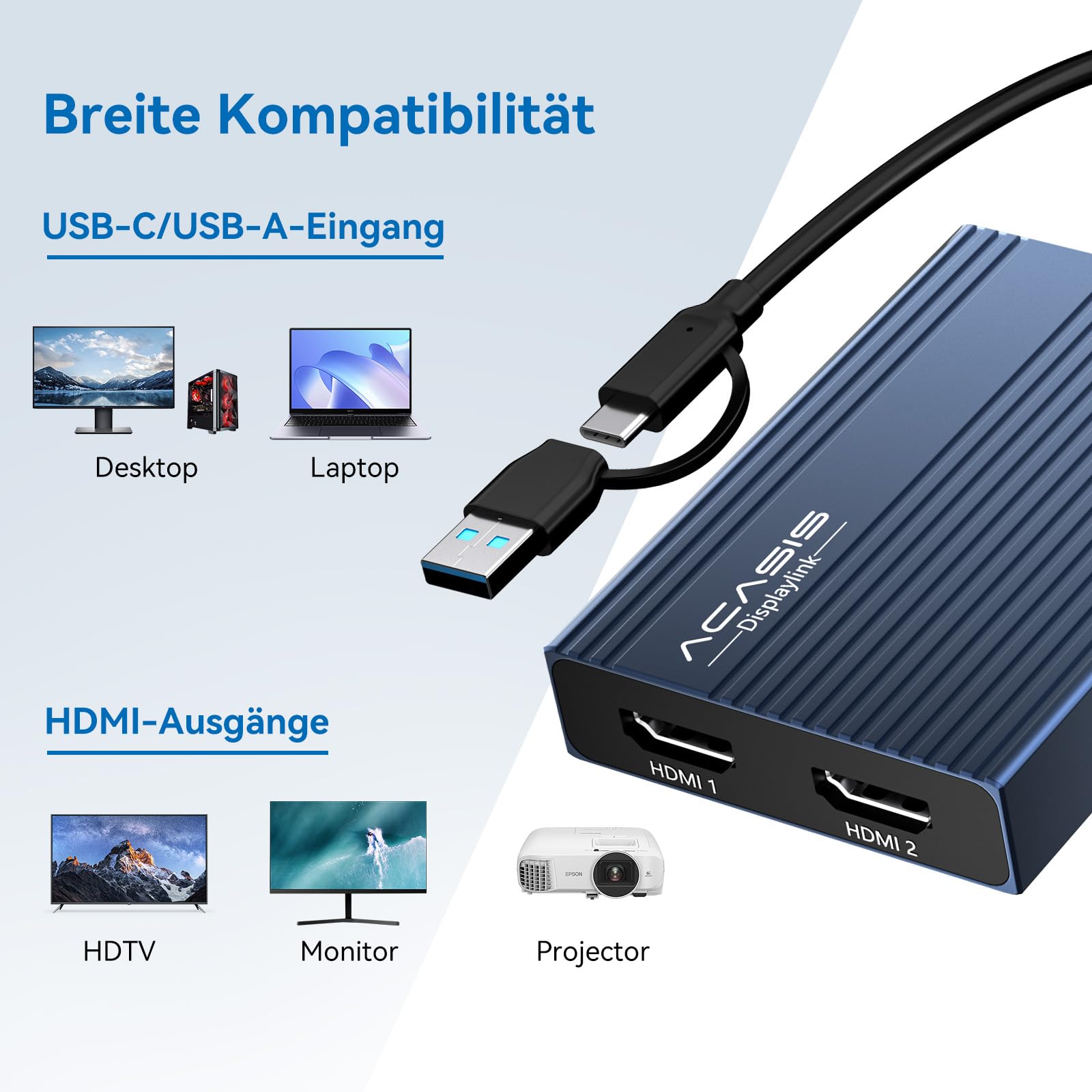 ACASIS USB C auf Dual HDMI DisplayLink Adapter, 4K@60Hz, 2 HDMI, 100W PD Charging, DisplayLink Docking Station für Mac M1/M2/M3/Windows,USB A/C auf Dual Monitor Adapter (Phantom Grey) 8