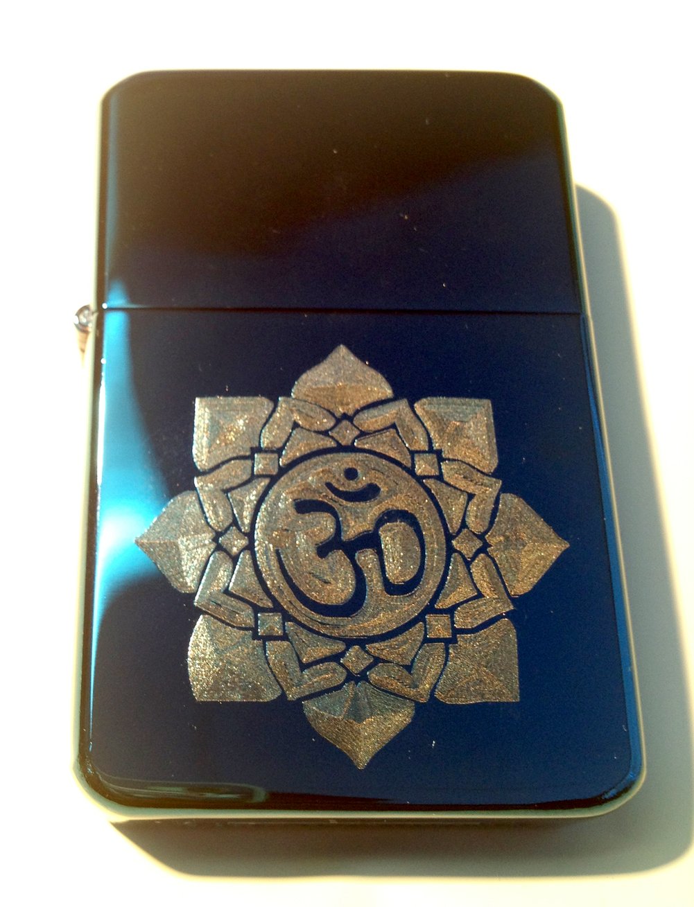Vector KGM Thunderbird Custom Lighter - Hindu Religion Religious Om AUM Lotus Flower Logo Vintage Blue Ice High Polish Chrome Rare!