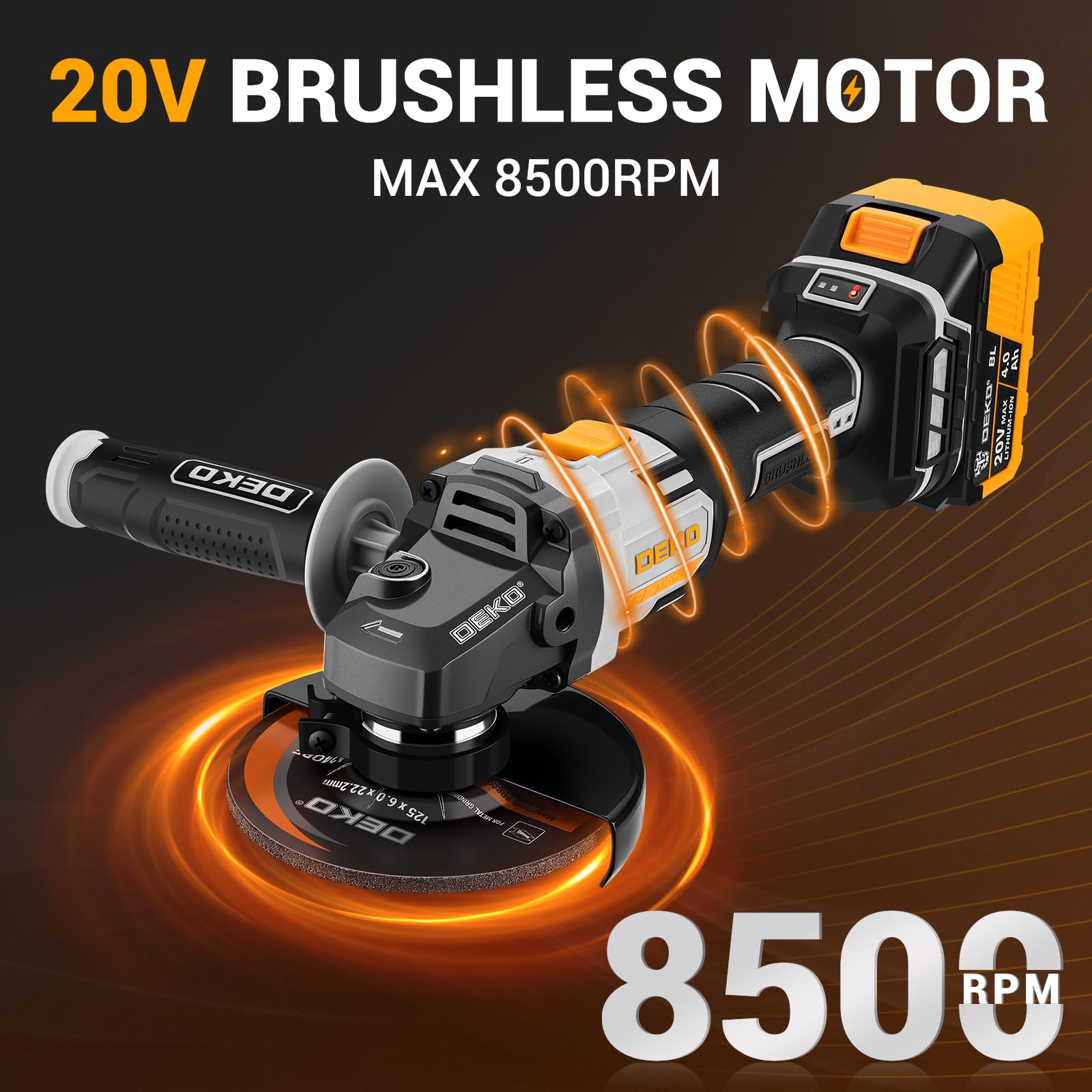Akku-Winkelschleifer 20V Ø 125mm: DEKOPRO Schleifer mit 4.0Ah Akku, bürstenloser Motor, 8500RPM – inkl. 2 Schleif-, 1 Trennscheiben, 2 Schutzhauben, Akku & Ladegerät für Trennen Schleifen Polieren 2