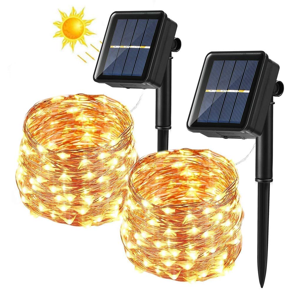 BrizLabs Solar String Lights Outdoor, 2 Pack 39.36ft 120 LED Solar Garden Lights Copper Wire String Lights Waterproof 8 Modes for Christmas Tree Patio Yard Wedding Party, Warm White