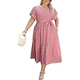 Celkuser Womens Plus Size Short Sleeve V Neck Summer Boho Casual A-Line Floral Midi Dress with Pockets