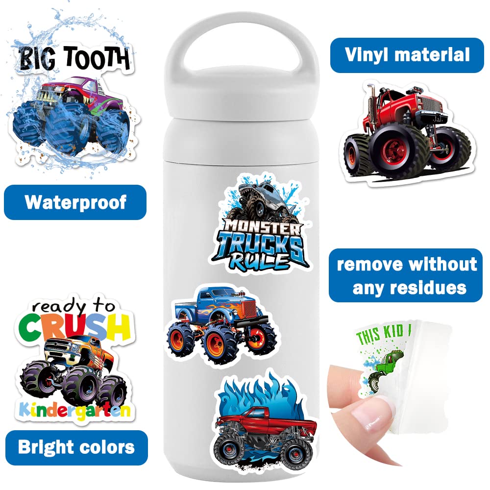 50PCS Monster Truck Stickers, Truck Car Stickers for kids, Car Stickers Waterproof for Water Bottles Skateboard Car Bike Phone Case Laptop Suitcase, Monster Truck Gifts for Girls Boys Party