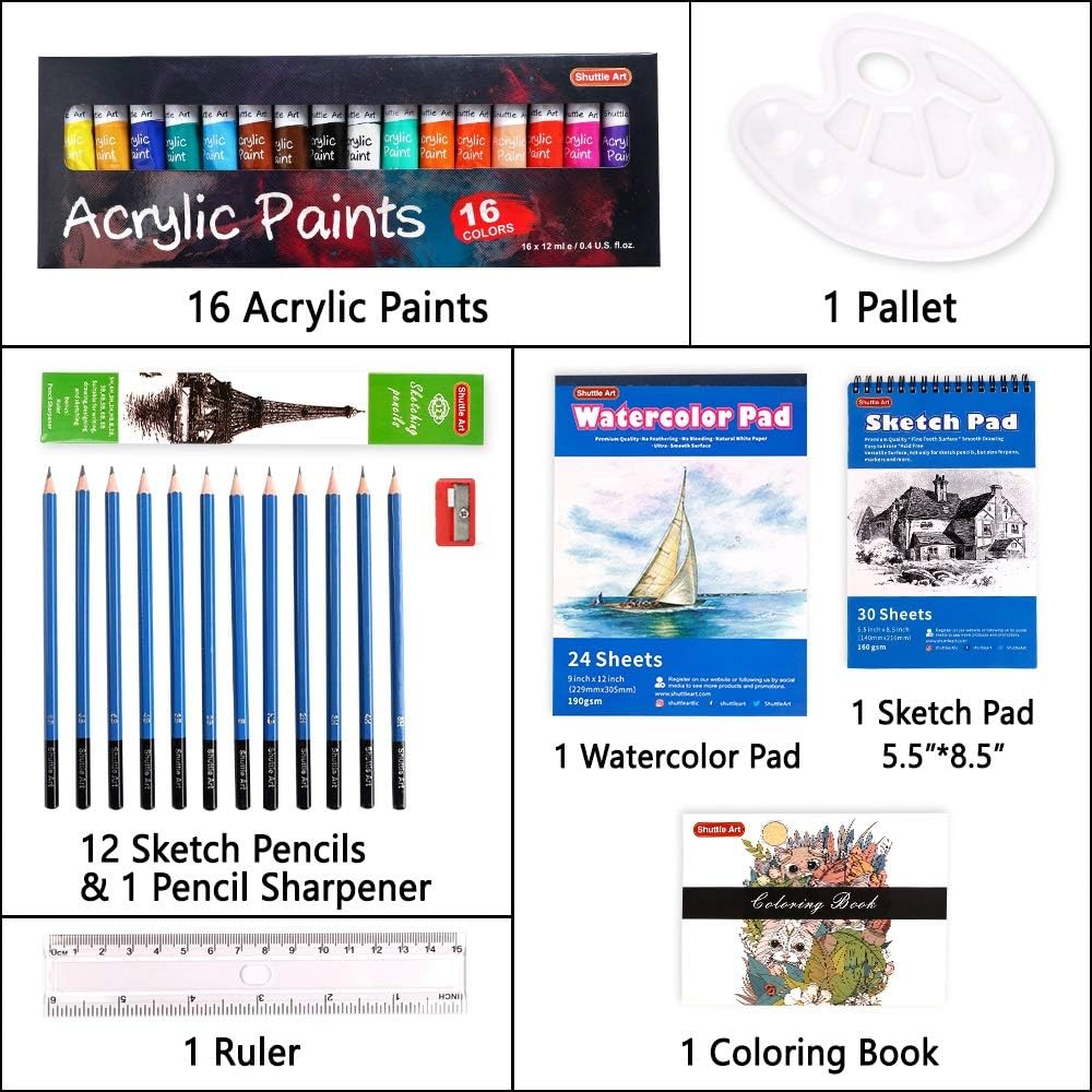 118 Piece Deluxe Art Set, Shuttle Art Art Supplies in Wooden Case, Painting Drawing Art Kit with Acrylic Paint Pencils Oil Pastels Watercolor Cakes Coloring Book Watercolor Sketch Pad for Kids Adults : Office Products