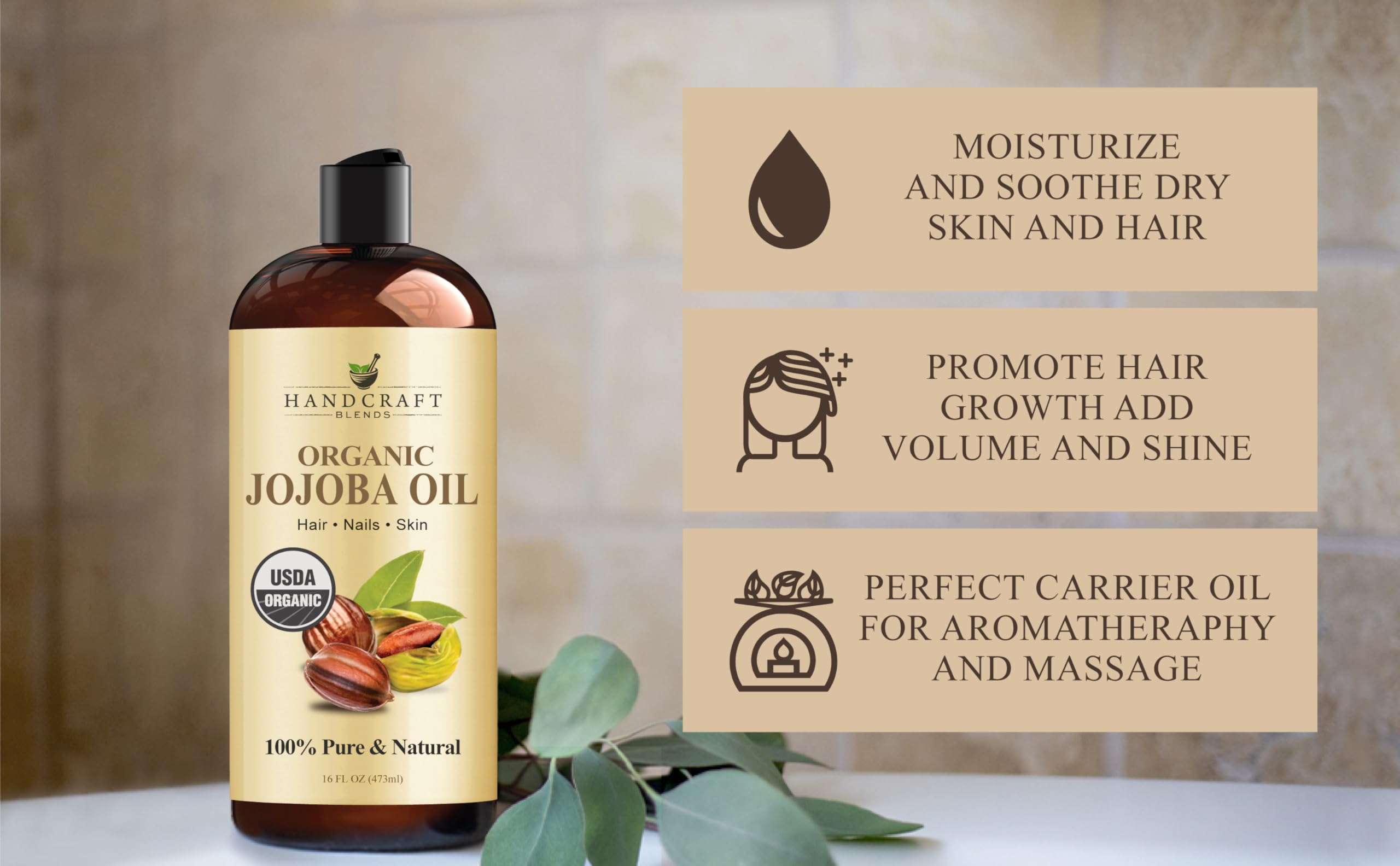 Handcraft Blends USDA Organic Jojoba Oil | Cold-Pressed | 16 Fl Oz | 100% Pure & Natural | for Hair, Skin & Face | Premium Grade Carrier Oil | for Massage & Aromatherapy | Hexane-Free