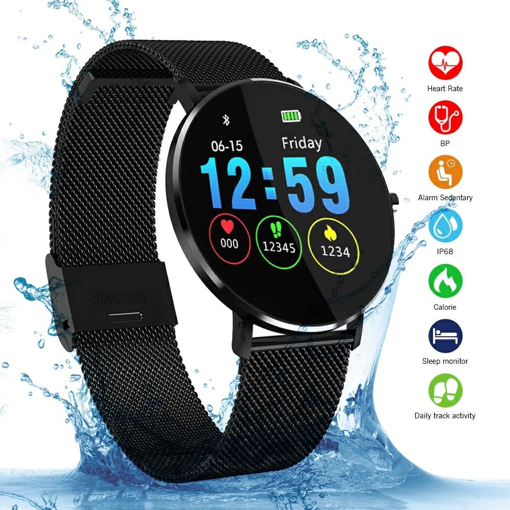 Smartwatch, Kivors IP68 Impermeable Reloj Inteligente Classic Ronda de Pantalla Táctil con Monitor Cardiaco, Monitor de Sueño, Podómetro, Notificación ...