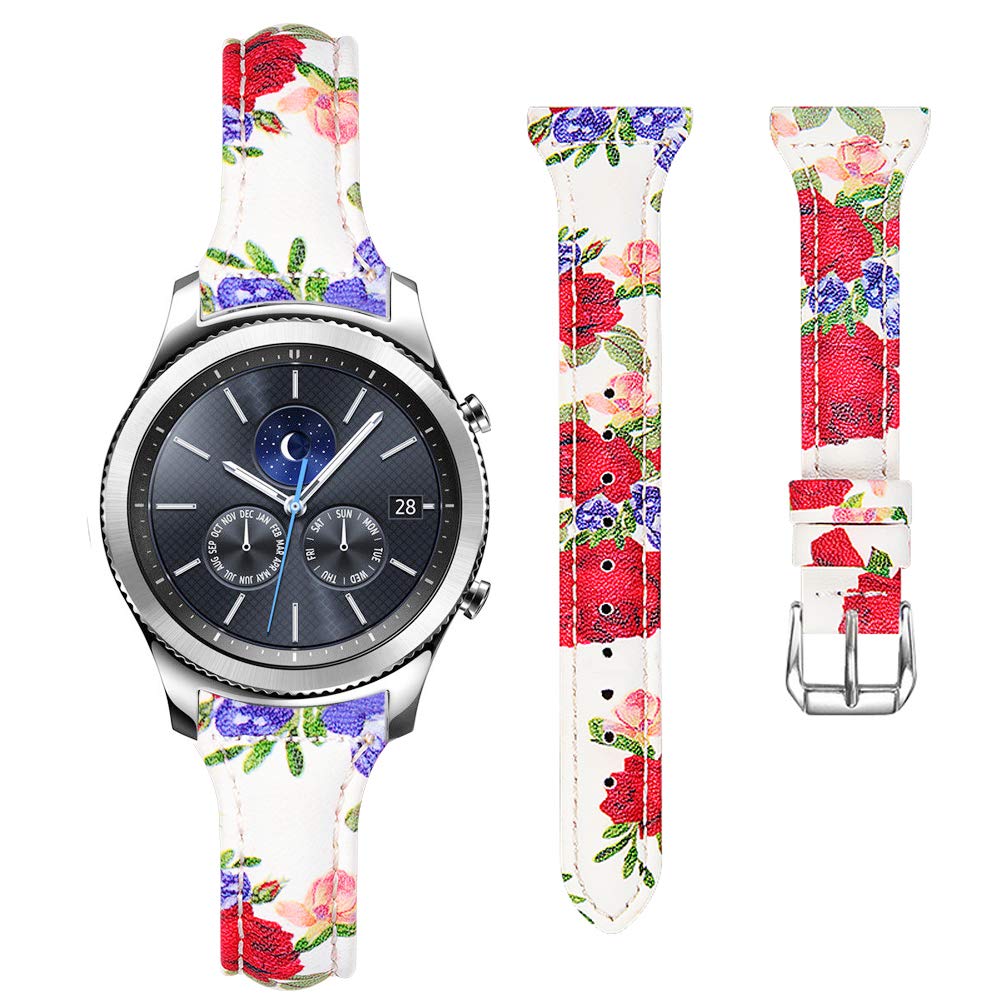DEALELE Strap Compatible with Samsung Gear S3 Frontier/Classic/Galaxy Watch 46mm / Galaxy 3 45mm, 22mm Printing Patterned Leather Bracelet Replacement for Huawei Watch 3 / GT2 46mm, Flower Red