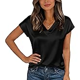 Women Silk Satin Short Sleeve V Neck Blouse - Business Casual Dressy Tops for Women