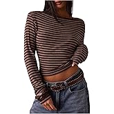 RoseSeek Women's Striped Off The Shoulder Tops Long Sleeve Fitted Cropped Tshirts Elegant Going Out Outfits