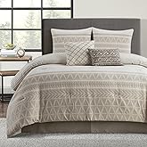 LANCO MODERN LIFESTYLE Cotton Comforter Set King, Gorgeous Geometric Jacquard, Beige Soft Lightweight Bedding Set for All Seasons, Bedskirt, Pillow Shams and Decor Pillows