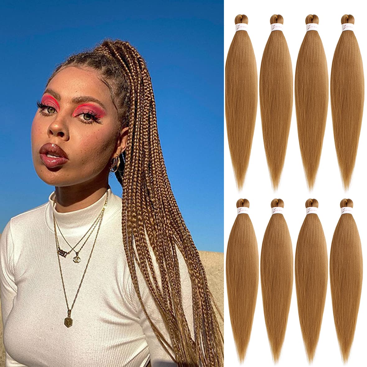 Leeven 8 Packs Brown Pre Stretched Braiding Hair Extensions 30 Inch Yaki Hot Water Setting Fiber EZ Braid Pre-stretched Braiding Hair for Box Braids Knotless Braids /30 Inch 27#