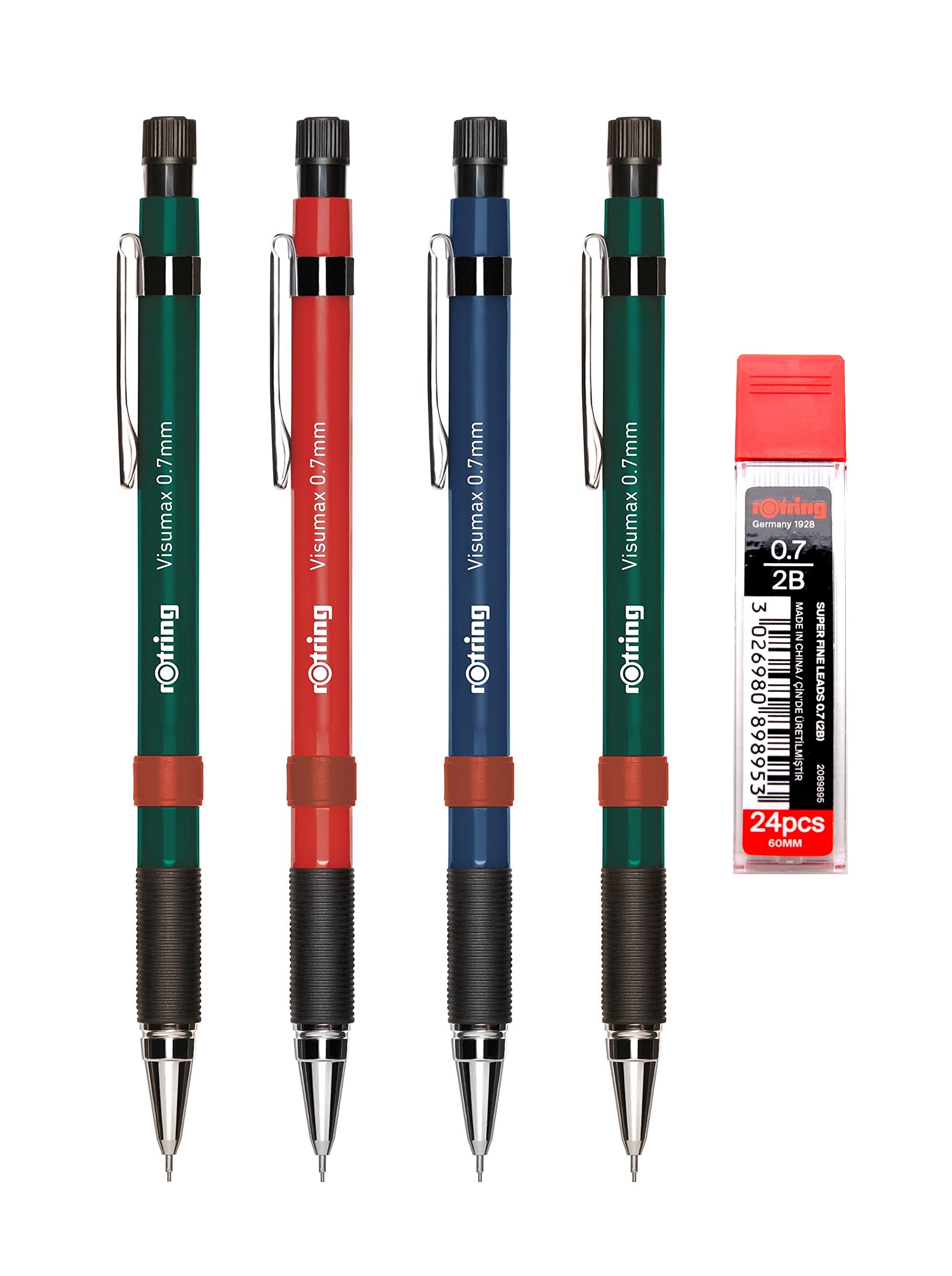 rOtring Visumax Mechanical Pencils - 0.7mm - Pack of 4 Pencils + 24 Super Polymer 2B Lead Refills - Twist Out Eraser - Rubber Grip - Refillable - Assorted Barrel Colours