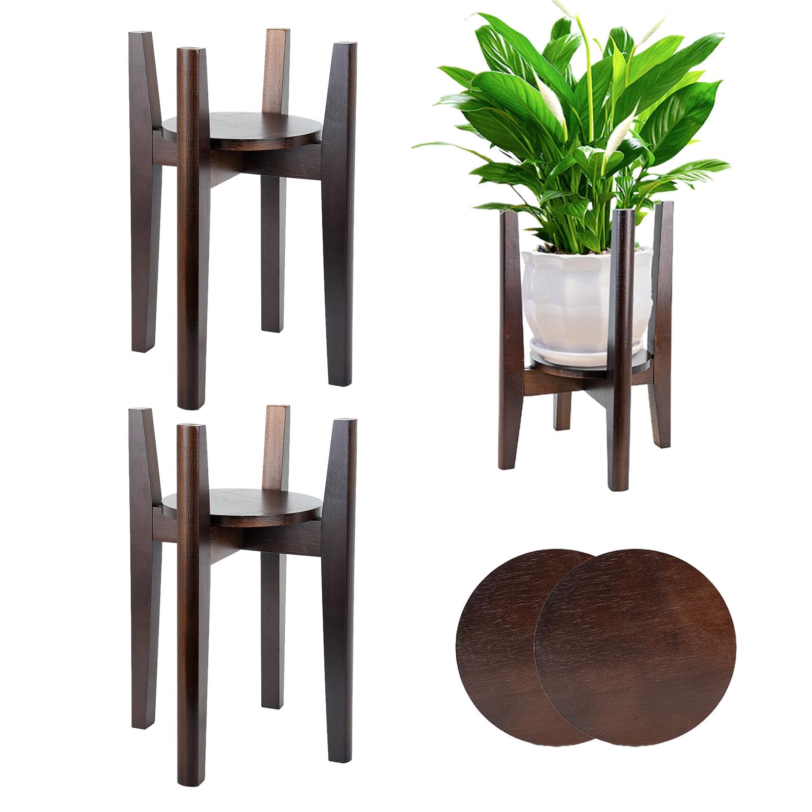 Photo 1 of 2 Packs Adjustable Plant Stand with Tray,Indoor Wood Plant Stand Fit 8'' to 12'' Planter,Mid Century Modern Flower Pot Holder Rack(Plant and Pot Not Included) Walnut