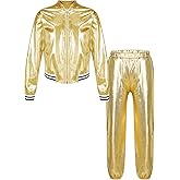 YiZYiF Kids Girls Boys Dance Clothing Sets Hip Hop Jazz Costume Shiny Metallic Bomber Jacket with High Waist Pants Set