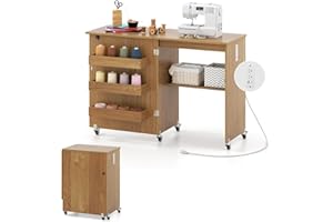 Giantex Folding Sewing Table with Charging Station, Rolling Craft Table with Storage Trays & Shelf, Foldable Sewing Machine Cabinet Desk with Lockable Wheels for Small Spaces (Natural)