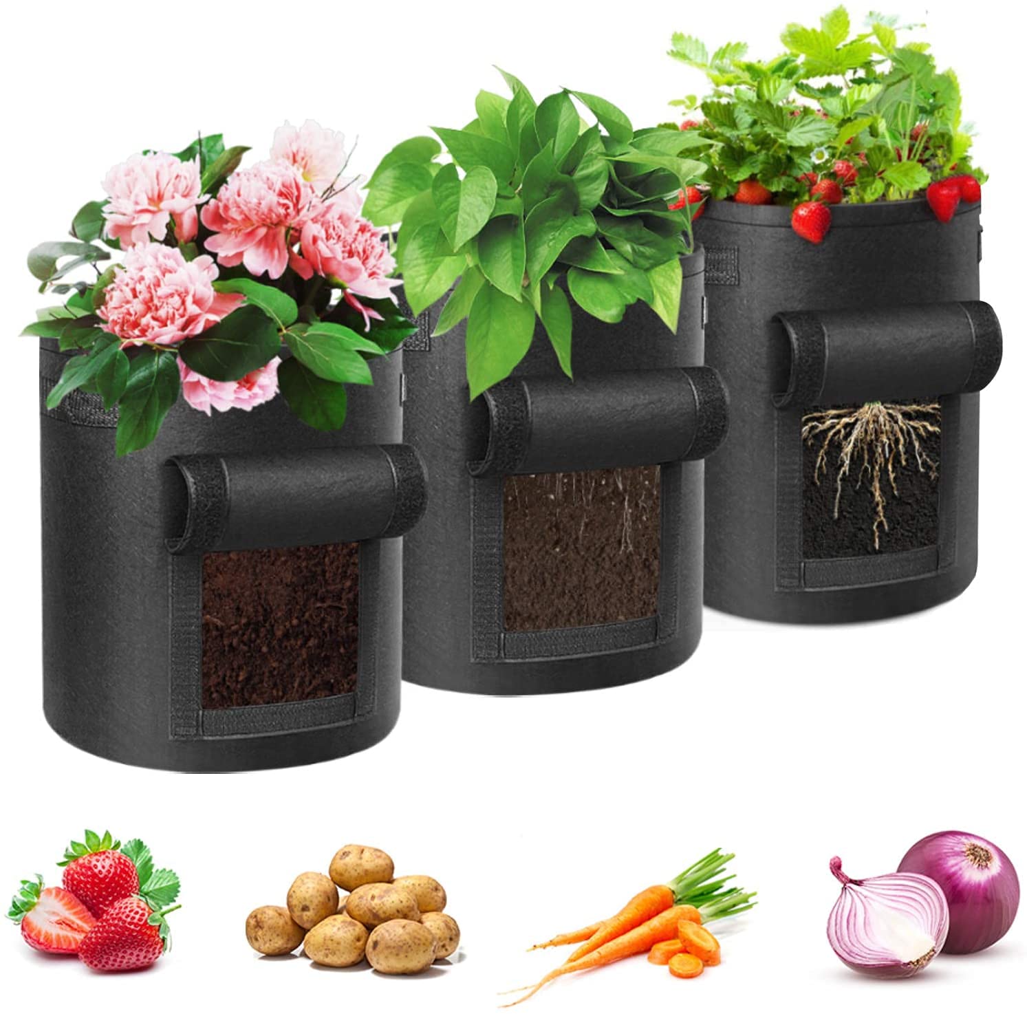 Potato Grow Bag, 3 Pack 15 Gallon Vegetable Grow Plant Bags Breathable Garden Growing Bag Planting Tomato Fabric Pots with Strap Handles and Access Flap for Vegetables, Fruits, Home Grow Bag (Black)