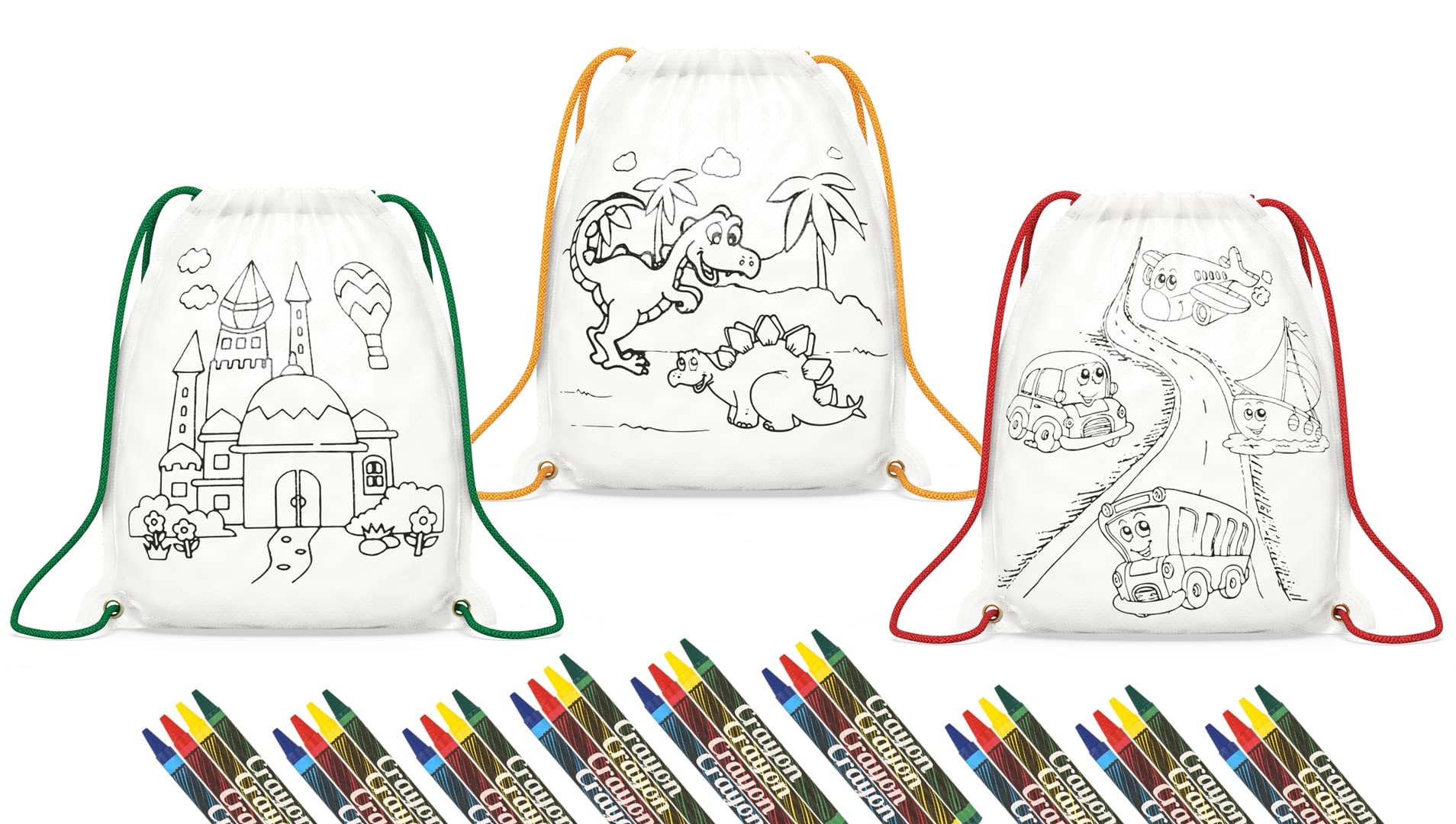 Cardor 15pk Kids Drawstring Colouring Party Bags With Crayon Packs | Non-Toxic Color Your Own Backpacks | Dinosaur, Transport & Castle Design Bags | Birthday, Party Favours