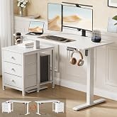 REAHOME 47 Inch White Electric Height Adjustable Standing Desk with Drawers | Dual Motor Sit-Stand Frame With 3 Memory Presets, Printer Cabinet, Hooks &amp; Cable Management For Home Office Gaming Desk