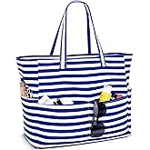 Iioscre Beach Bag for Women, Large Beach Tote Bag with Zipper Pockets, Waterproof Sandproof Swim Bag Pool Vacation Travel